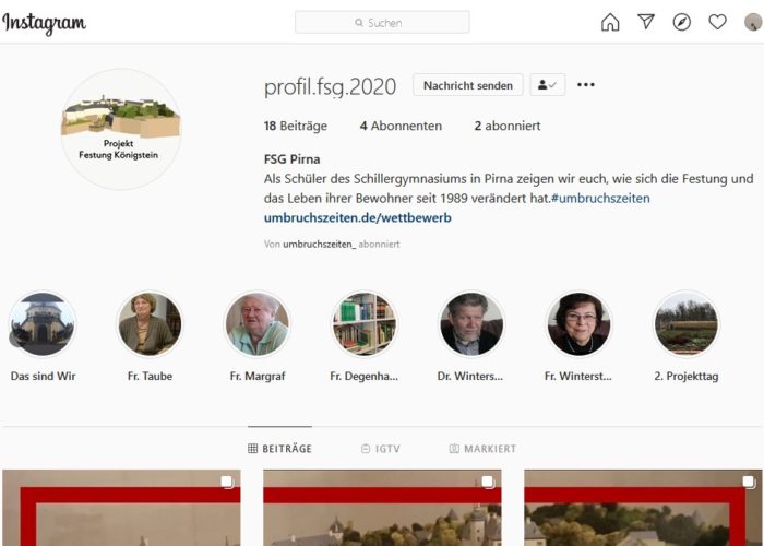 Screenshot vom Instagramkanal zur Festung Königsstein, zu lesen ist „Wandel der Festung seit 1989“